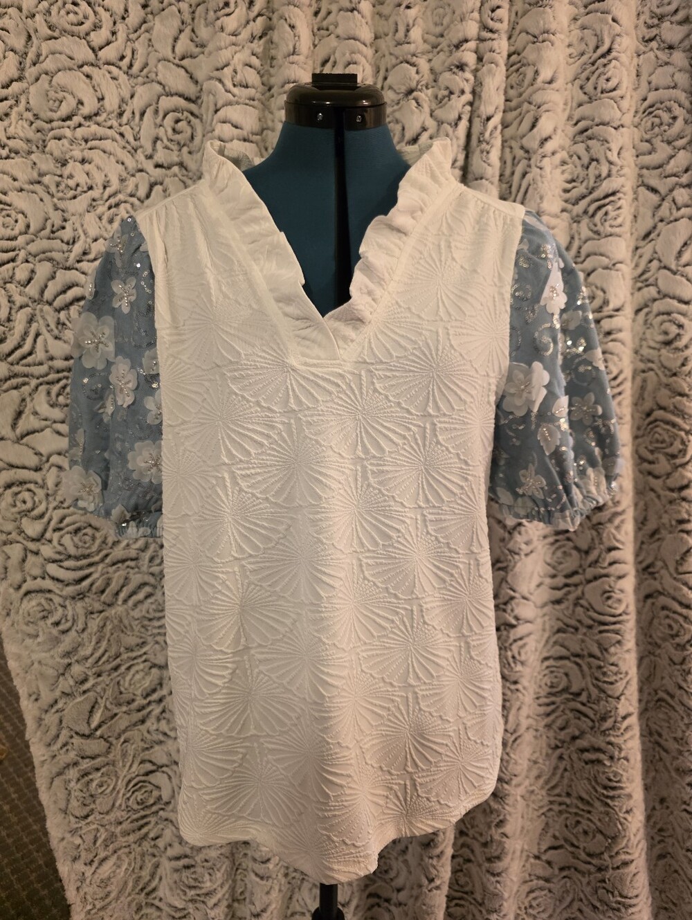 White Textured V-Neck Top with Blue Floral Puff Sleeves